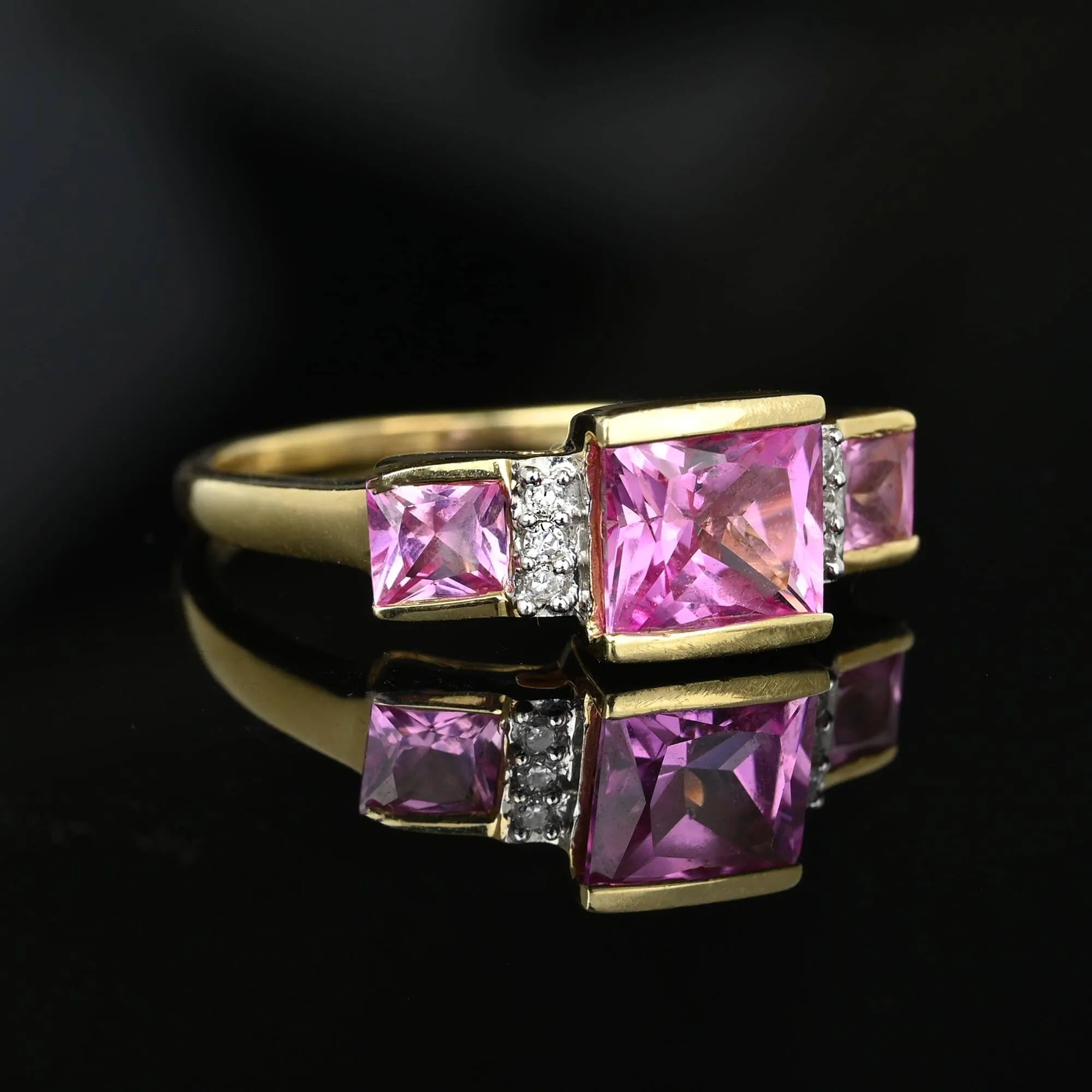 Vintage Diamond Cushion Cut Pink Sapphire Ring in 10K Gold