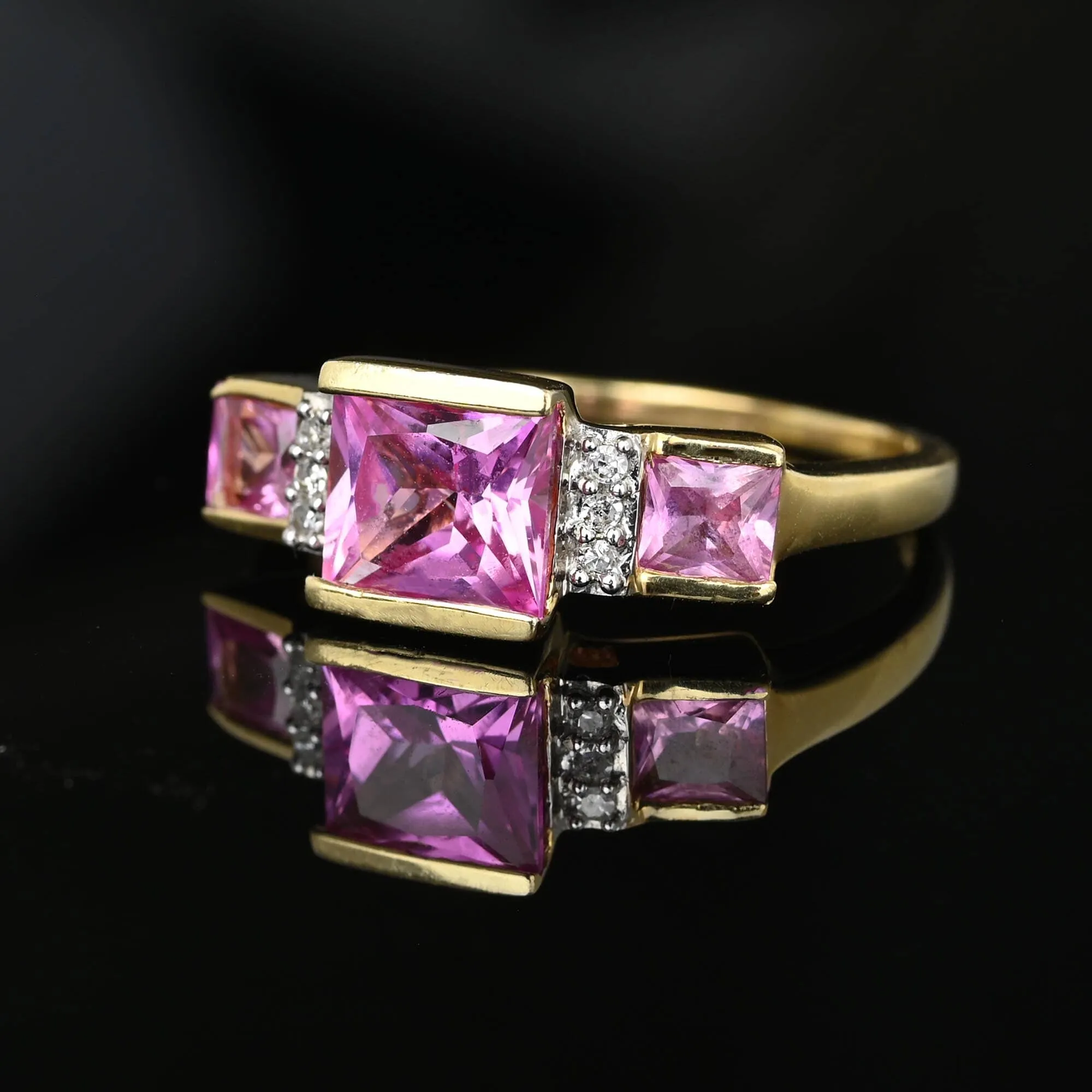 Vintage Diamond Cushion Cut Pink Sapphire Ring in 10K Gold