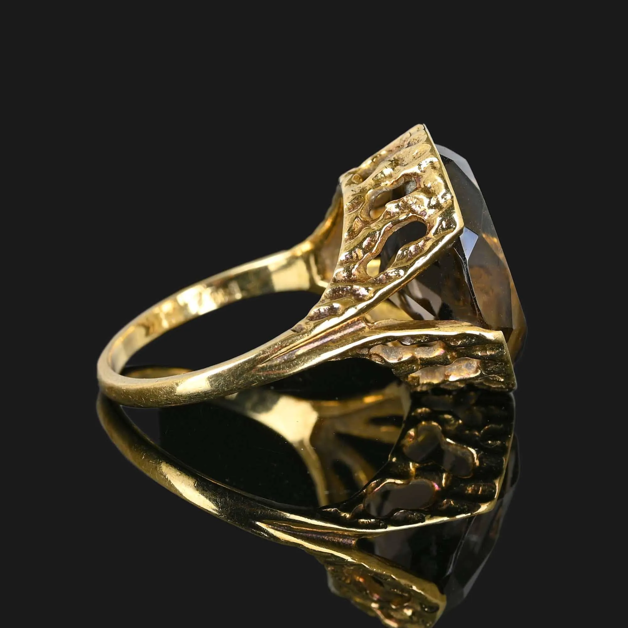 Vintage Gold 10 Carat Smoky Quartz Ring, Brutalist Style