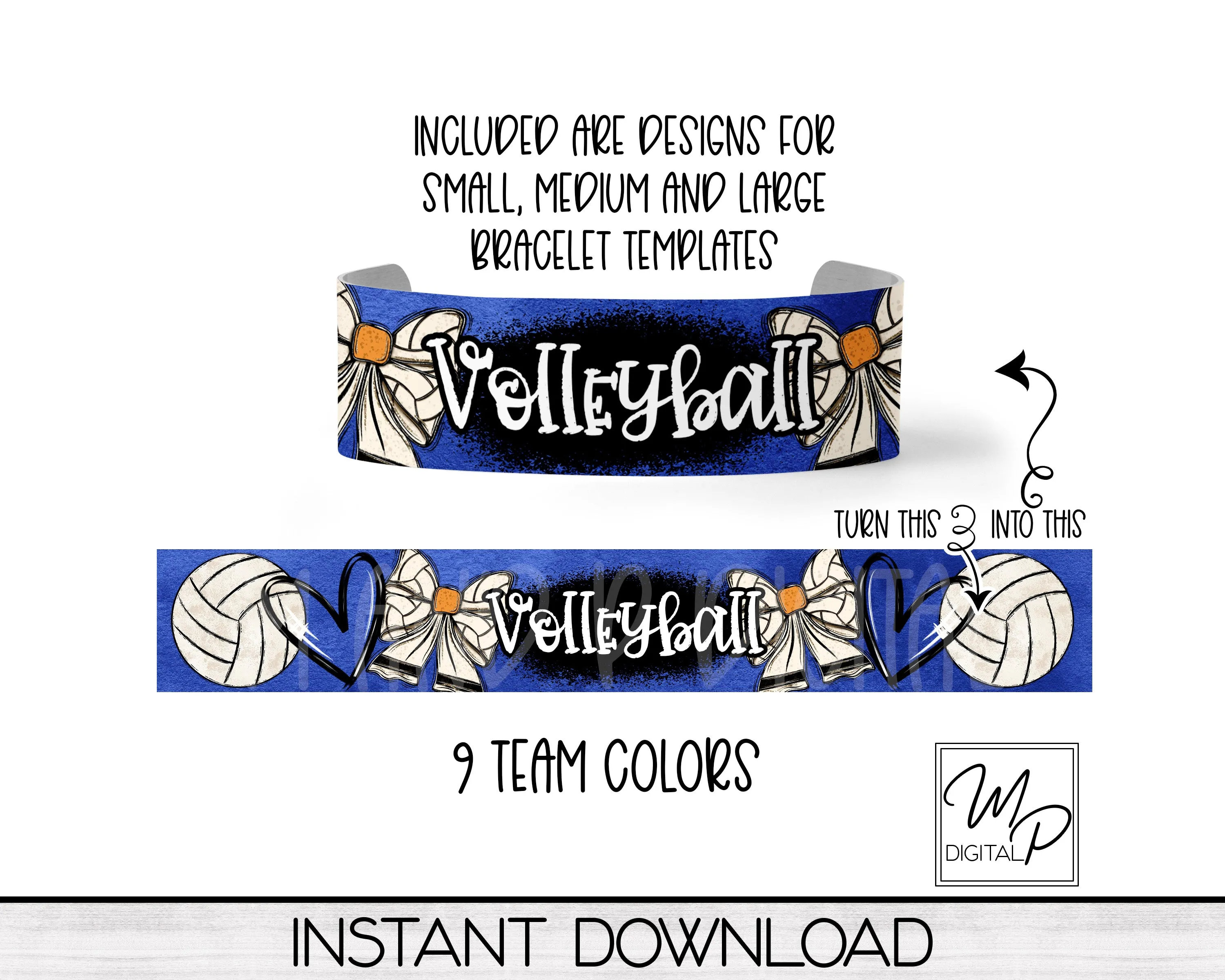 Volleyball Team Spirit Acrylic Cuff Bracelet PNG Design for Sublimation, 9 Team Colors, Digital Download