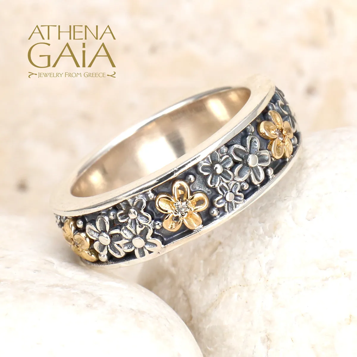 Wild Flowers Edged Stone Band Ring