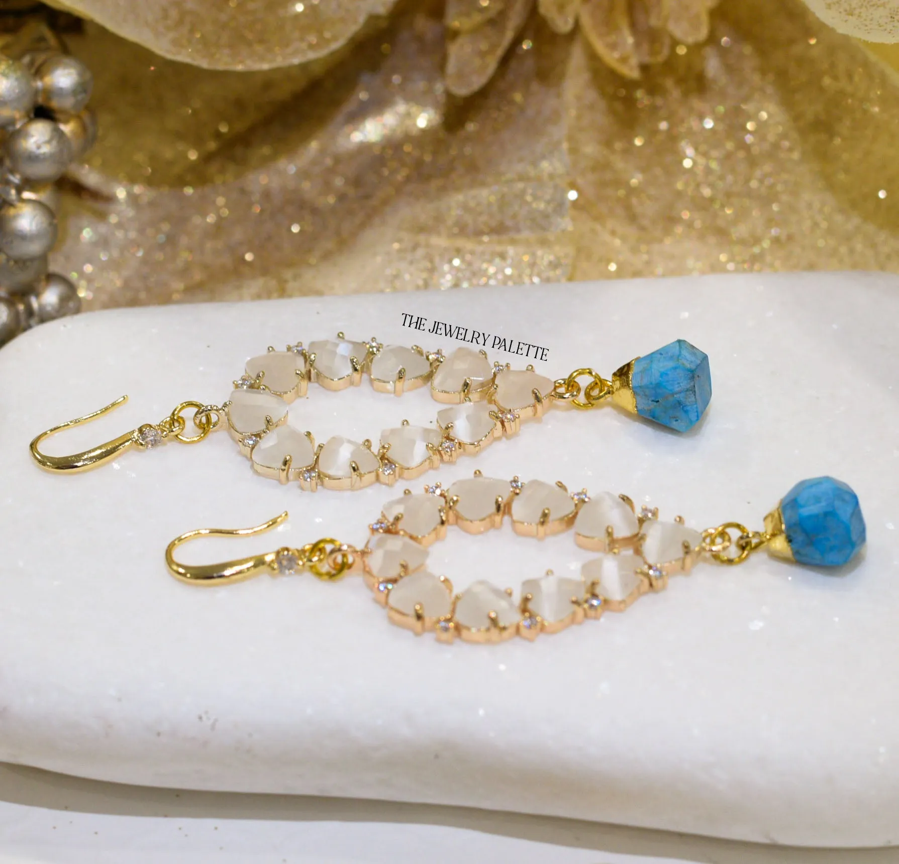 Yara white stones with gold edged turquoise drop earrings