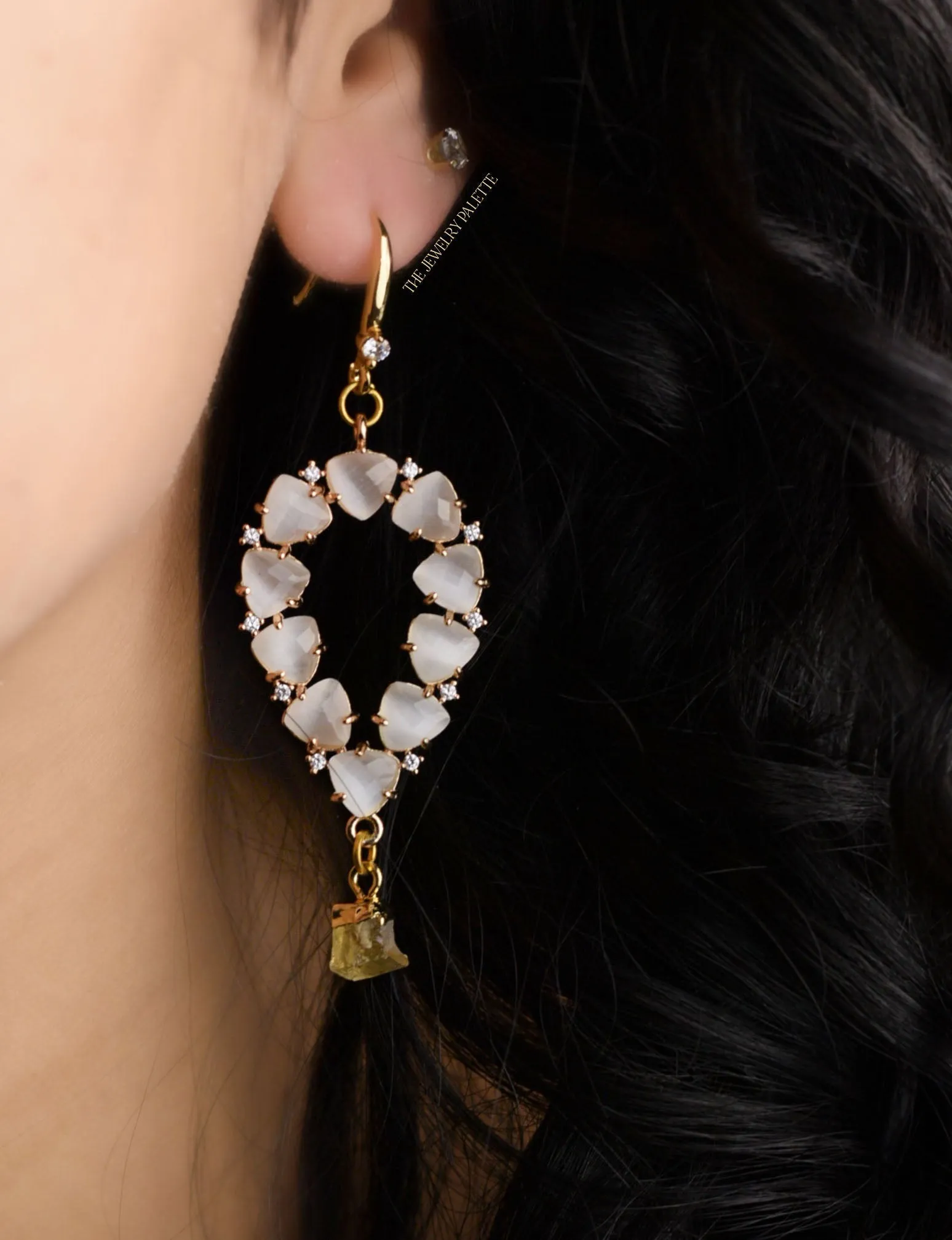 Yara white stones with gold edged turquoise drop earrings